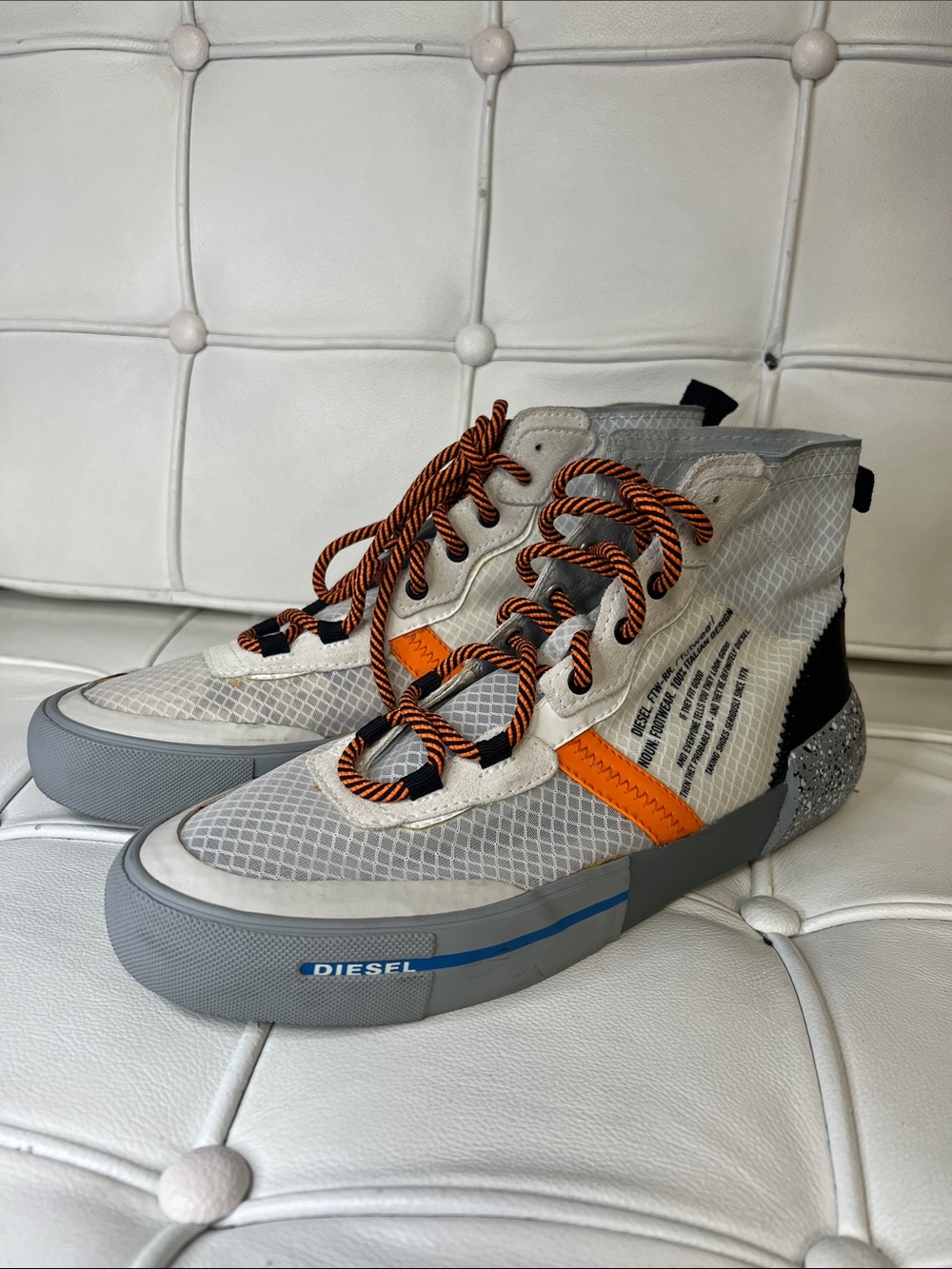 Diesel Men’s High-Top Sneakers in White with Orange and Gray Accents